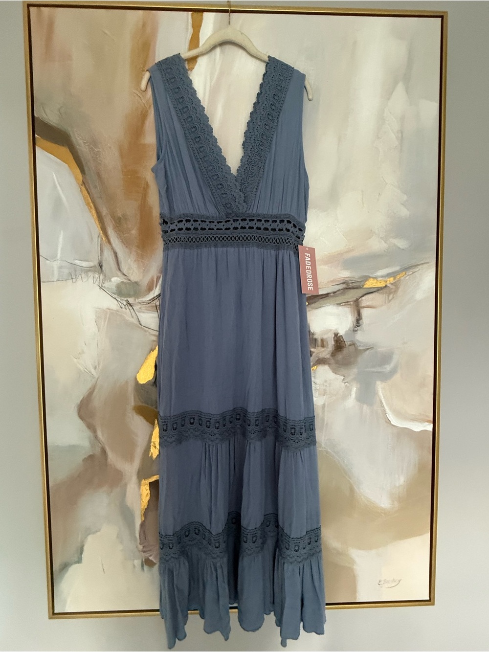 NWT Faded Rose Sleeveless V-Neck Boho Maxi Dress with Crochet Trim in Dusty Blue